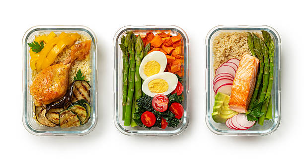 Colorful meal prep containers with balanced portions